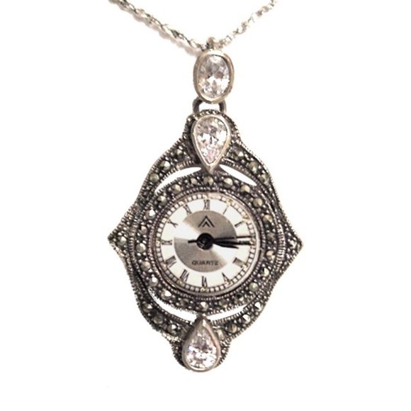 Estate Marcasite, Silver & Crystal Watch Pendant